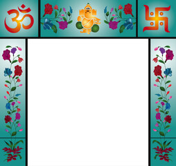Arch for pooja room decoration. god ganesha, om and sawastik, flowers