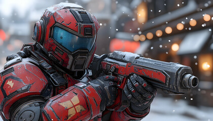 Fototapeta premium Red armored soldier aiming weapon in snowy city dramatic lighting detailed texture