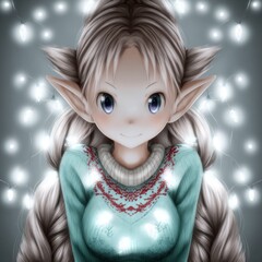 Digital illustration of a girl with light-colored hair and large, expressive eyes, surrounded by glowing lights