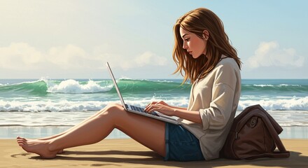 Woman Working Remotely on Tropical Beach Paradise