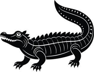 Stylized black and white illustration of an alligator or crocodile figure