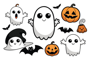 Fototapeta premium Cute Halloween Cartoon Ghosts and Pumpkins Vector Illustration Set