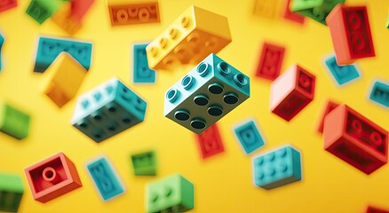 Colorful plastic building blocks in mid-air against a yellow backdrop