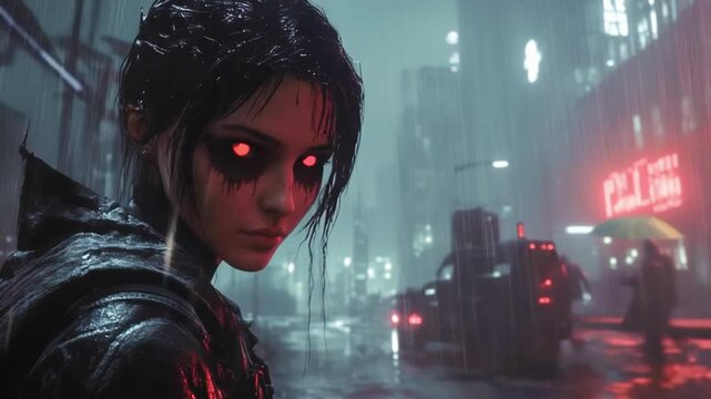 Mysterious woman with glowing red eyes and dark makeup stands in a futuristic, rainy city street, possibly a cyberpunk setting, observing the surroundings with an intense gaze