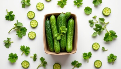 fresh, juicy cucumbers arranged neatly in the center of the frame, inside an eco friendly recycled paper container, isolated on pure white background