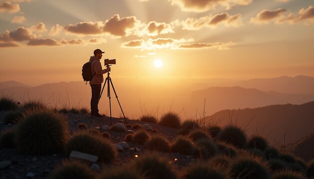 Photographer using tripod and camera silhouetted at sunrise