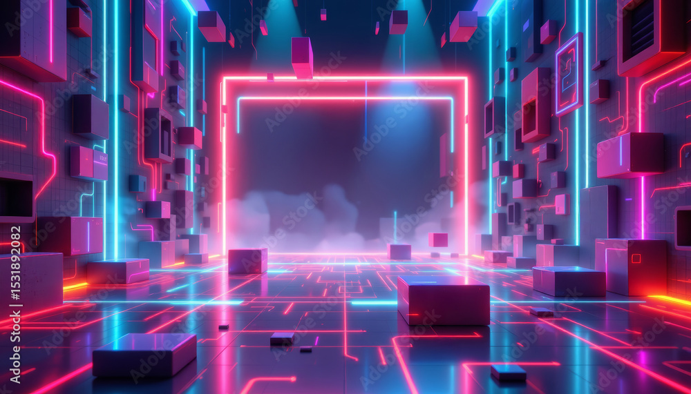 Poster neon futuristic corridor with glowing pink and blue lights and floating cubes creating dynamic holog