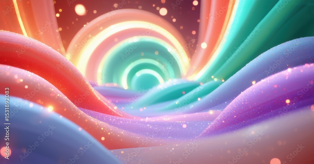 Poster vibrant abstract waves, swirling colors create tunnel illusion. light sparkles enhance dynamic compo