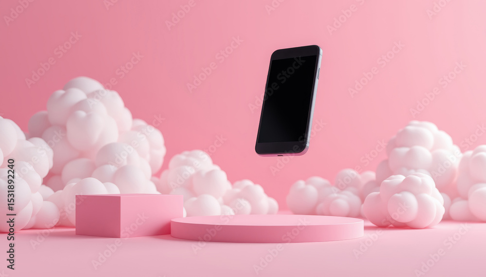 Poster minimal pink scene with floating smartphone and soft cloud shapes creating dreamy and modern atmosph