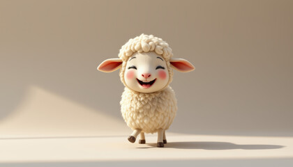 Naklejka premium Happy animated sheep figure with fluffy wool and joyful expression standing on smooth surface in soft light