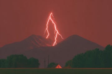 Dramatic lightning strike over mountains at dusk