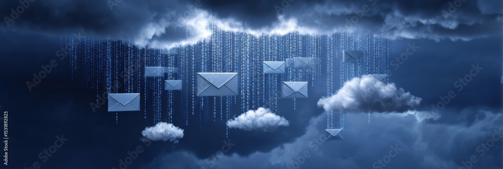 Poster phishing email suspended in cyberspace with malware clouds approaching and clear zone at right