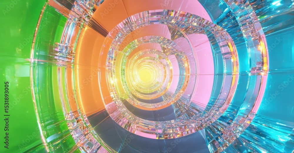 Poster Vibrant spiral tunnel. Colorful light reflections create mesmerizing circular patterns. Brightness increases toward center. Abstract digital art.