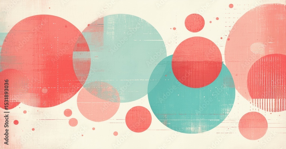 Poster abstract circles overlap, creating textured background. colors include red, turquoise, beige. minima
