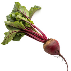 A whole raw beetroot vegetable with leaves isolated on a transparent background