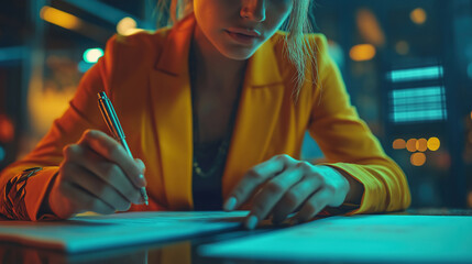 Fototapeta premium Businesswoman Taking Notes During Meeting Focused On Financial Strategy And Development