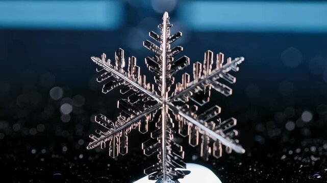 Macro shot capturing a delicate snowflake with intricate geometric patterns melting into a droplet on a smooth surface