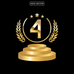 Golden Number Award on Podium Stage. Number Ranking 4. Vector Illustration
