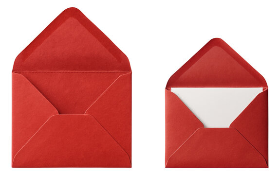 Elegant Pair of Open and Closed Red Envelopes with Textured Finish Displayed on a Clean Surface, Isolated on Transparent and White Background