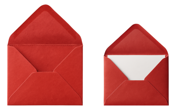 Elegant Pair of Open and Closed Red Envelopes with Textured Finish Displayed on a Clean Surface, Isolated on Transparent and White Background