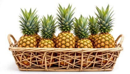fresh, juicy pineapples arranged neatly in the center of the frame, inside an eco friendly bamboo basket, isolated on pure white background