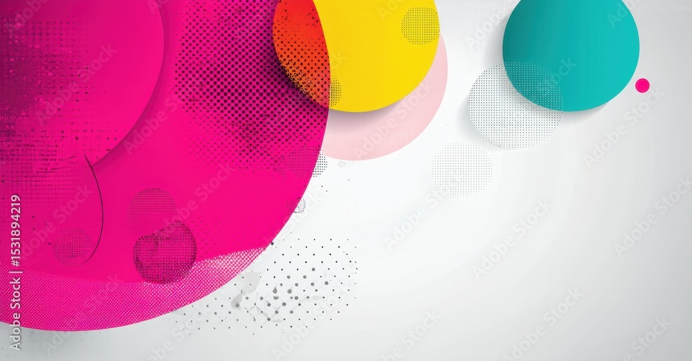 Poster Abstract colorful circles overlap white background. Modern design features halftone dots, gradients, soft shadows. Vibrant, playful composition.