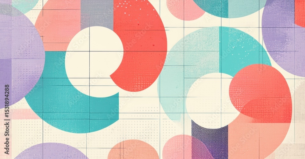 Poster Abstract geometric pattern. Overlapping circles, squares create textured background. Soft pastel colors dominate composition. Minimalist design.