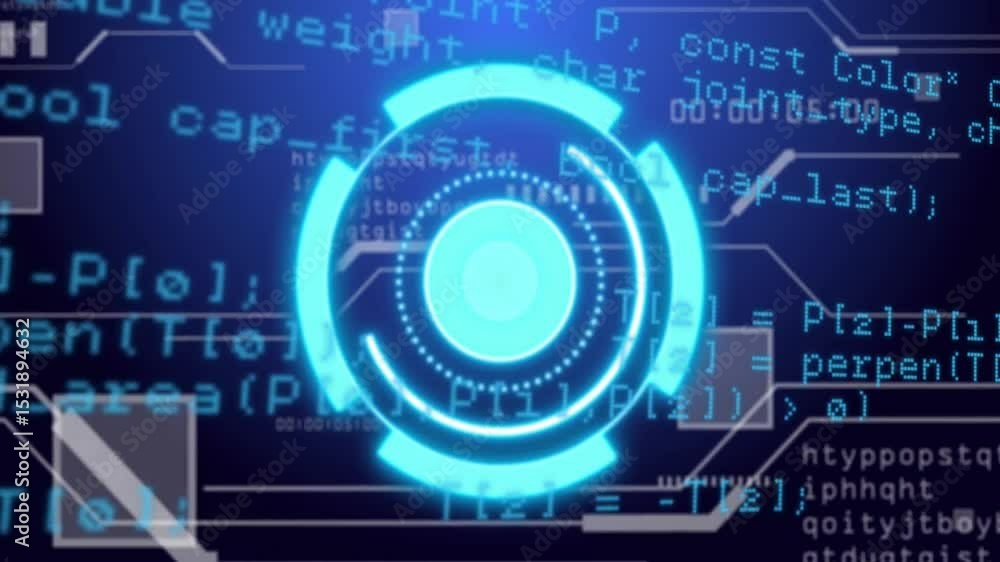 Poster upon appearing glowing circular hud rotating arc speeding with code scrolling signaling loading
