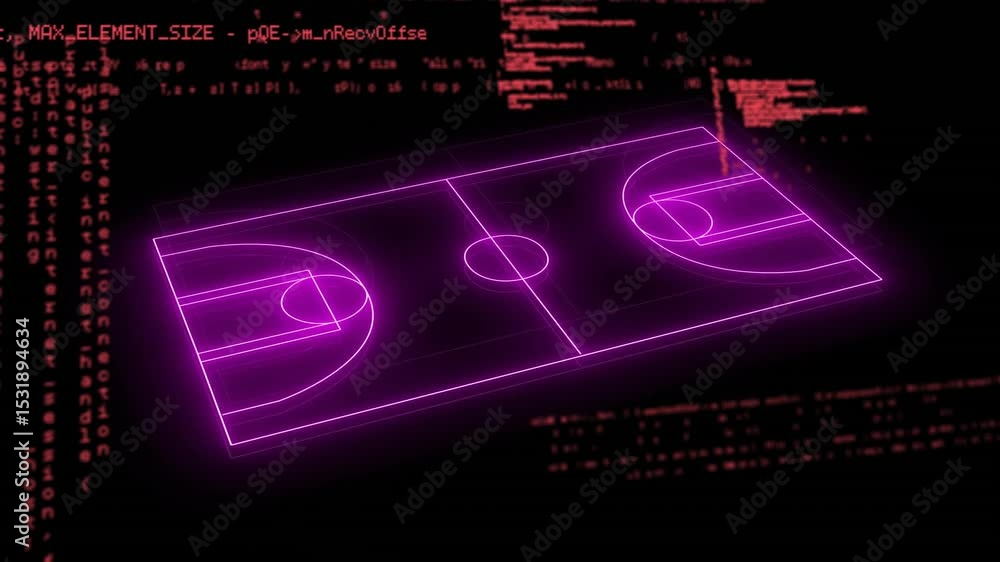 Poster red code streams initiating violet strokes forming neon court layout while sliding and rotating