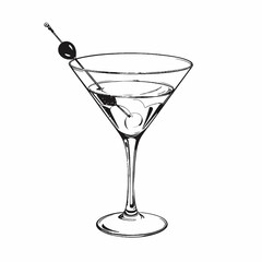 Classic cocktail glass with olive garnish and ice cubes  