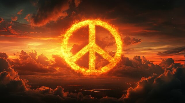 A large, glowing peace symbol made of clouds in the sky, with a peaceful landscape below, evoking calm and tranquility. - Powered by Adobe
