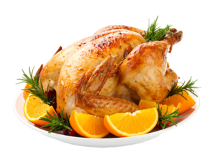 Delicious roasted chicken with oranges and herbs.