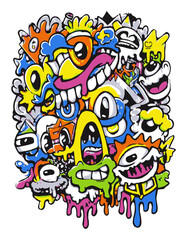 Colorful Abstract Vector Art with Multiple Faces and Cartoonish Expressions