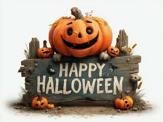 Wooden sign with words "Happy Halloween" with carved jack-o-lantern on the top and smaller pumpkins on the ground 