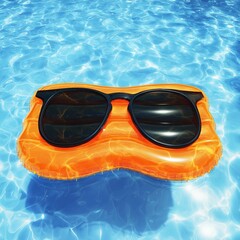 A pair of sunglasses in the summer swimming pool floating on inflatabe orange mattress