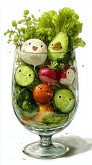 Fresh green salad with vegetables - cucumber, red and white radish, avocado, tomato, lettuce, greens - in a cocktail glass 