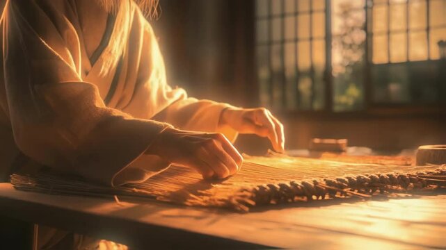 Golden sunlight illuminates an artisan's hands meticulously weaving a traditional japanese tatami mat, showcasing the intricate craftsmanship and cultural heritage