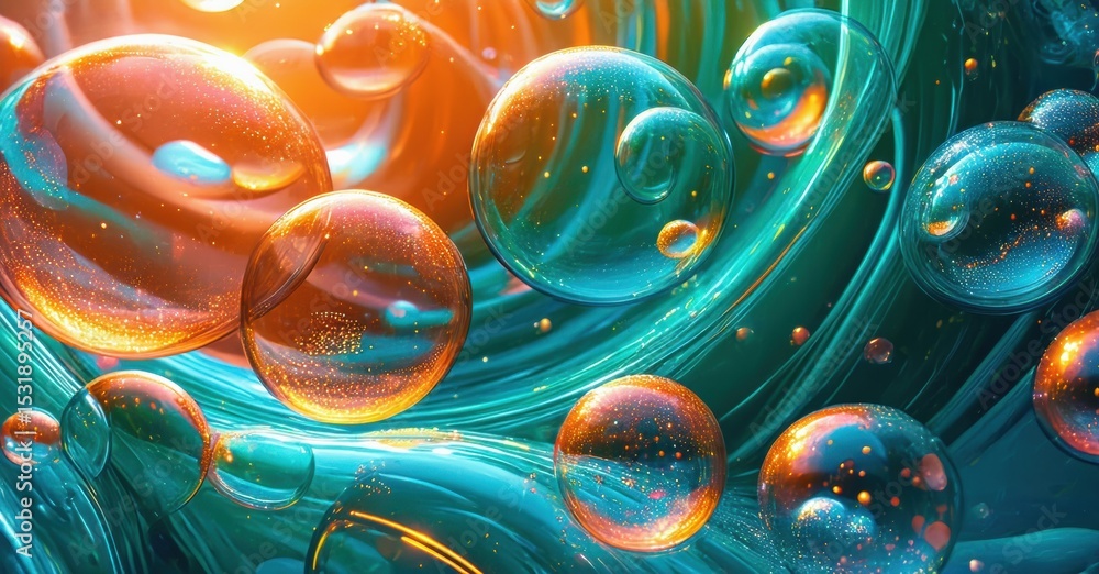 Poster vibrant bubbles float, swirl. orange, teal hues blend. sparkling particles create luminous, abstract