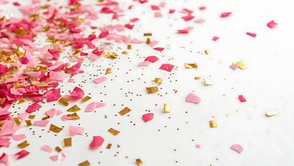 Colorful pink confetti explosion pattern on a white background for a festive celebration design  Generated using Raphael AI (free version with commercial use rights)