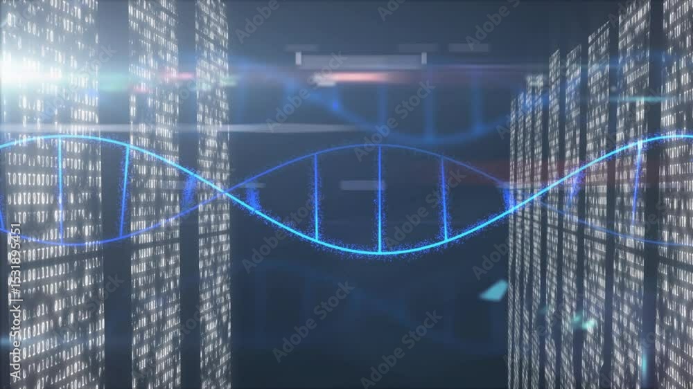 Poster binary code panels initiating glowing blue dna helix expanding and centering for data visualization