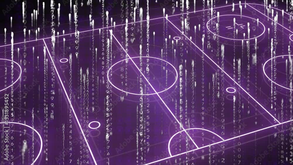 Poster 3d neon lines starting tracing grid panels forming as numeric code cascading making digital rain