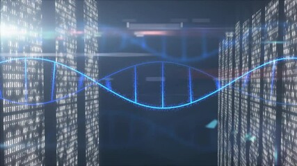 Binary code panels initiating glowing blue DNA helix expanding and centering for data visualization - Powered by Adobe