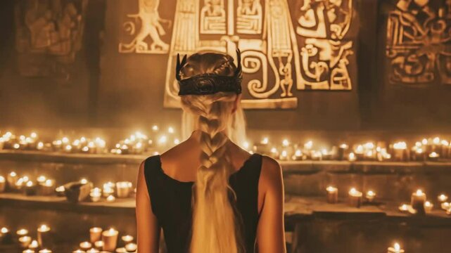 Majestic blond viking priestess with elaborate braid and horned crown stands before altar in ancient temple, contemplating glowing candles and mysterious runes