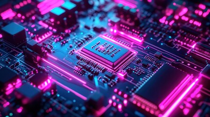 A macro shot of a circuit board illuminated by neon lights, creating a futuristic vibe.
