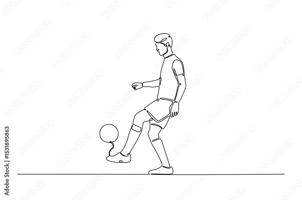 Poster football player in action in continuous one line drawing. single line art illustration of soccer pla