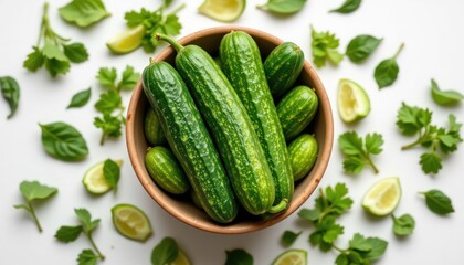 fresh, juicy cucumbers arranged neatly in the center of the frame, inside an eco friendly ceramic bowl, isolated on pure white background