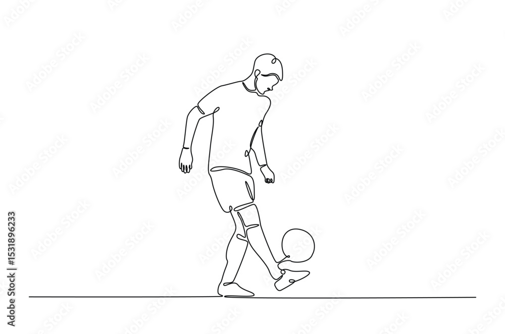 Poster football player in action in continuous one line drawing. single line art illustration of soccer pla