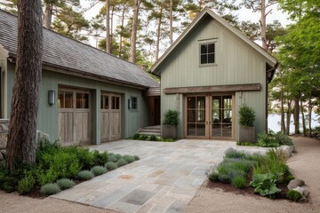 A barn-style lakeside home painted in muted sage green, with weathered oak doors stone courtyard framed perennial plants