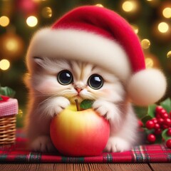 Adorable kitten wearing Santa hat holding red apple with Christmas lights background - perfect festive holiday greeting card design