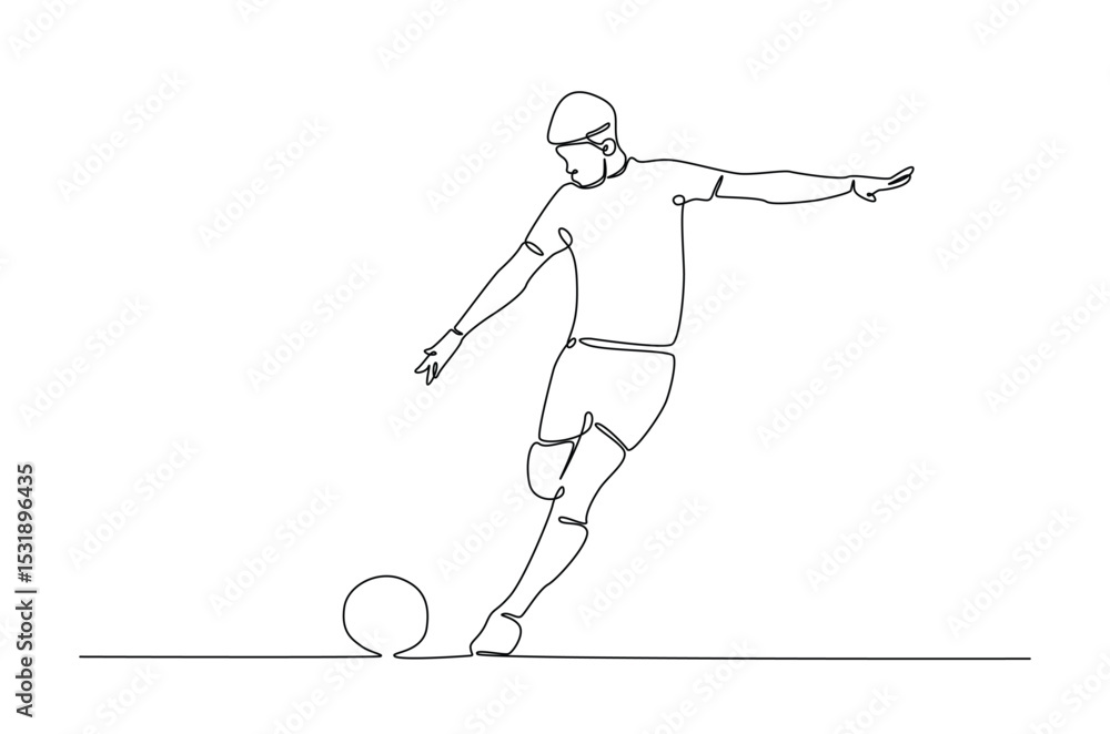Poster football player in action in continuous one line drawing. single line art illustration of soccer pla